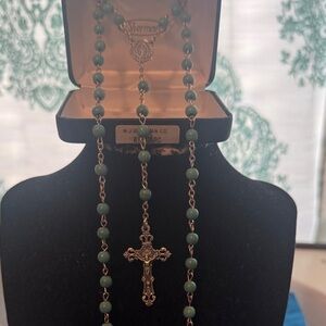 Sherman Blue Stones Beads Italy Cross Pendant Rosary Silver Tone Necklace